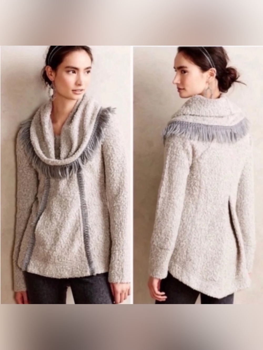 Angel Of The North Gray Fringe Shawl-Collar Knit Sweater